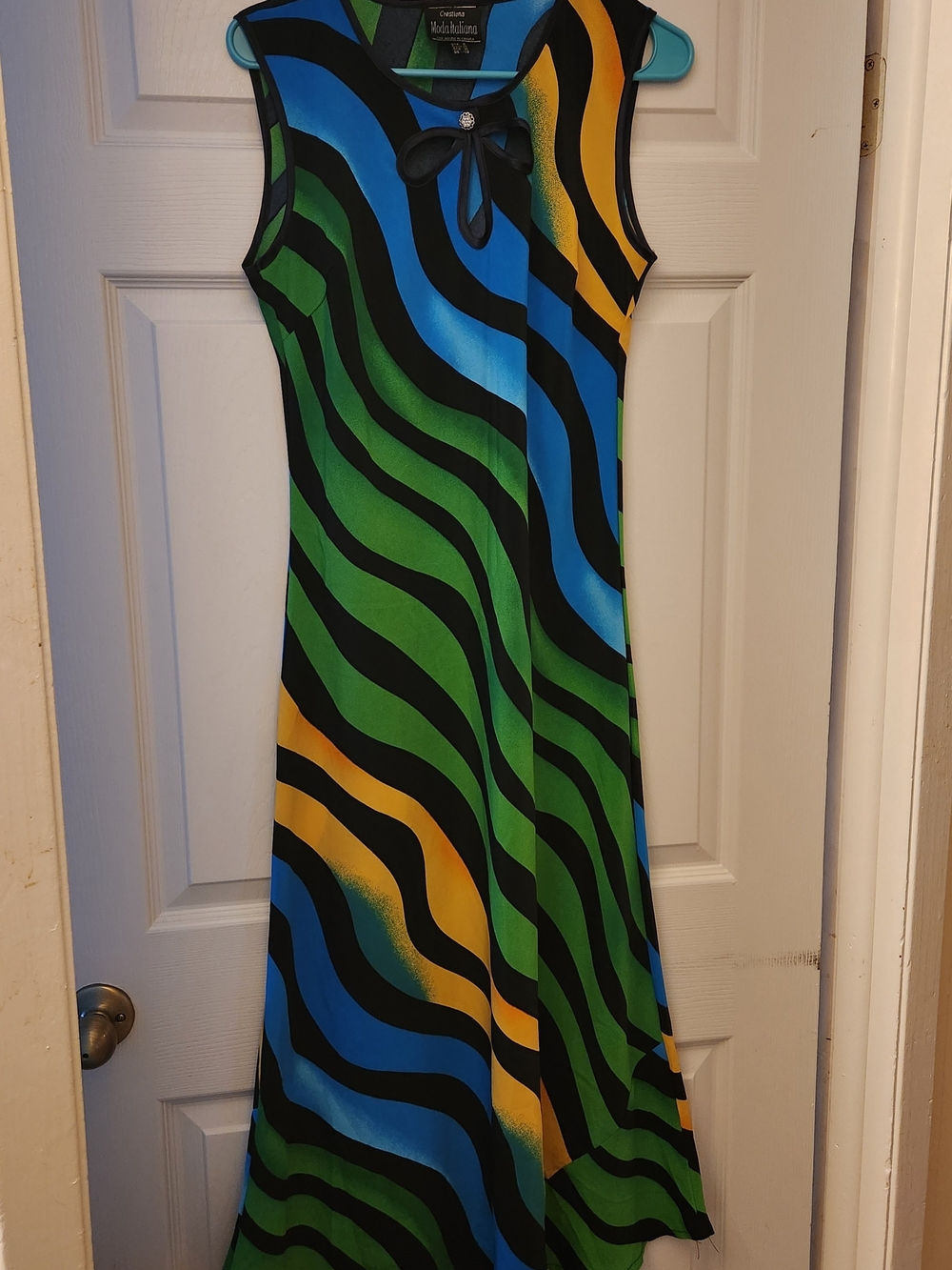 Vintage 90s Moda Italiana Abstract Wavy Maxi Dress Cutout Rhinestone